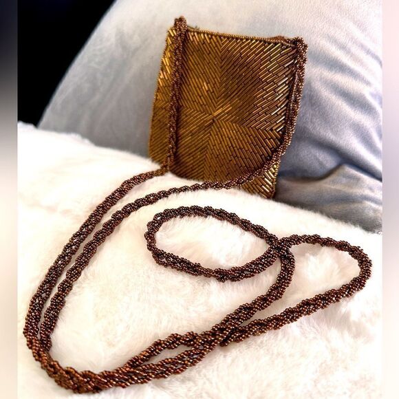 Vintage 80's Bronze Tone Beaded Evening Bag 21" Strap - Picture 3 of 17